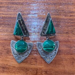 Vintage Southwestern Sterling Silver Malachite Geometric Dangle Earrings